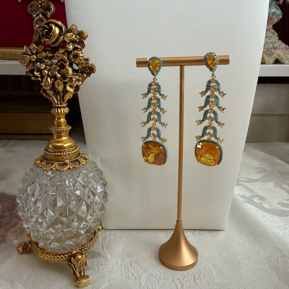 18k gold plated canary Yellow  zirconia crystal Gemstones long dangle earrings